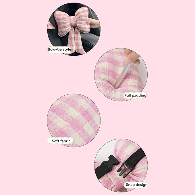 Car Accessories Plaid Bow Headrest Lumbar Pillow 4PCs Set Cotton Linen Elegant Soft Car Seat Cushions for Daily Commuting Trave (Pink Plaid,4pcs)
