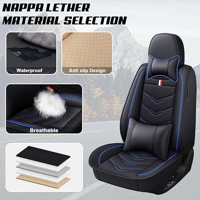 MVRVMV Seat Covers for Ford Bronco 2021-2026, Waterproof Leather Auto Seat Cover with 2* Neck Pillow and 2* Lumbar Support (5 Seat Luxury,Black-Blue)