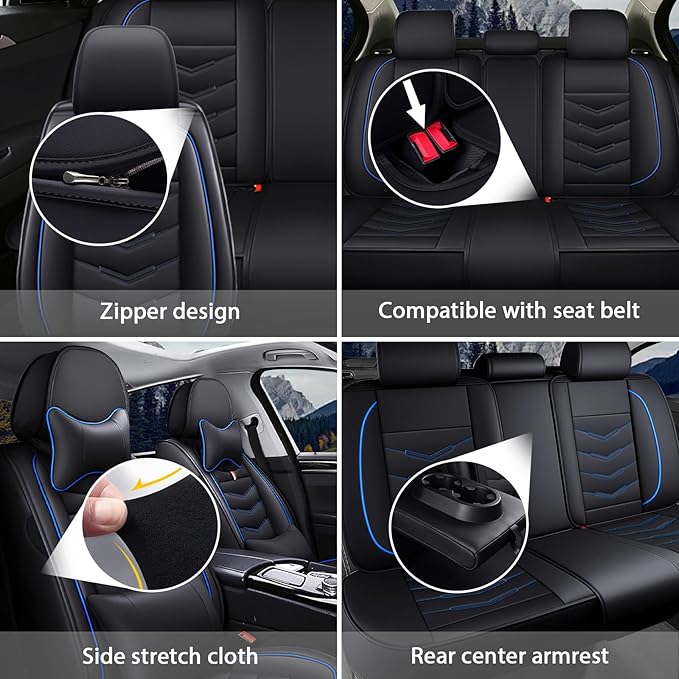 MVRVMV Seat Covers for Ford Expedition 2007-2026, Waterproof Leather Auto Seat Cover with 2* Neck Pillow and 2* Lumbar Support (2 Seat Luxury,Black-Blue)