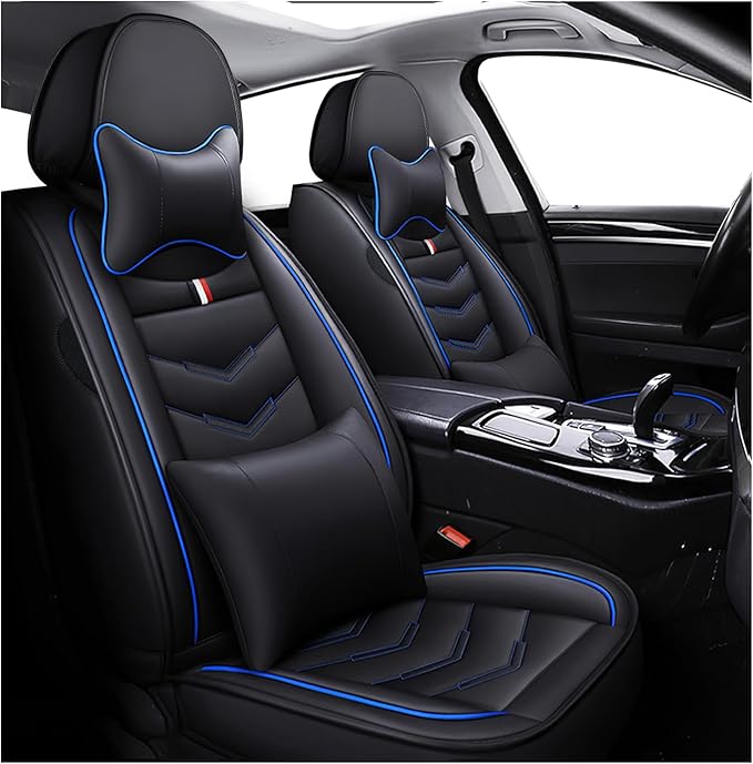 MVRVMV Seat Covers for Ford Mustang 2006-2026, Waterproof Leather Auto Seat Cover with 2* Neck Pillow and 2* Lumbar Support (2 Seat Luxury,Black-Blue)