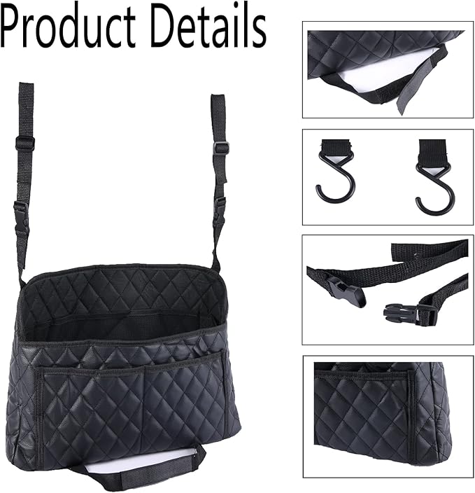Modern Minimalist Car Seat Storage Bag - Black Faux Leather Caddy - Automotive Seat Back Organizer - 2 Compartments - Rectangular - Durable - Seat-back mounted - 15.35 x 3.94 x 10.63 inches