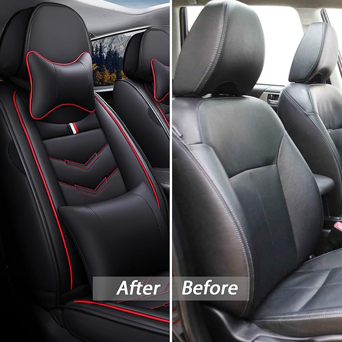 MVRVMV Luxury Car Seat Covers for Honda Pilot 2010-2026, Nappa Leather Auto Seat Cover with 2 Neck Pillows and 2 Lumbar Supports (5 Seat Luxury, Black-Red)