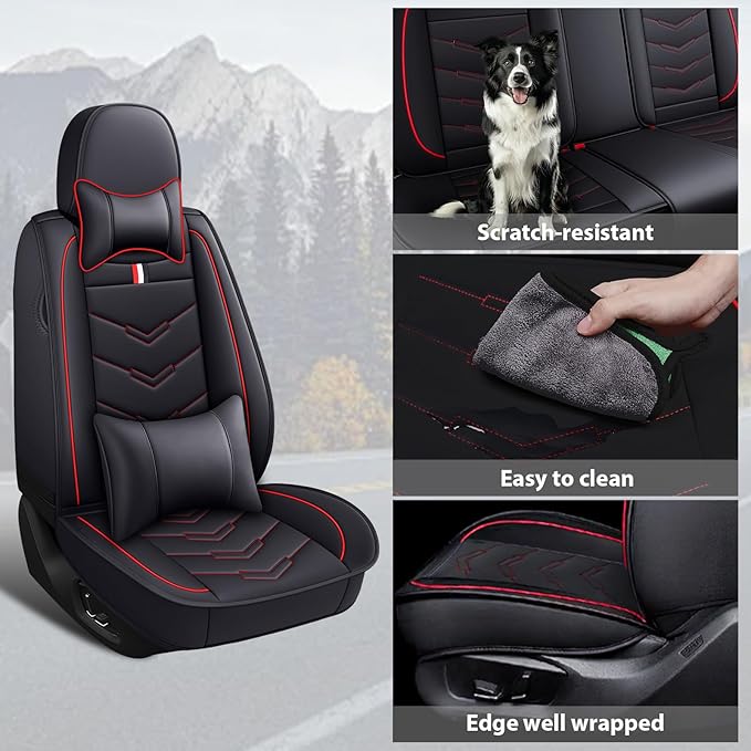 MVRVMV for Ford Ranger 2005-2026 Seat Covers, Waterproof Leather Seat Cover with 2* Neck Pillow and 2* Lumbar Support (5 Seat Luxury,Black-Red)