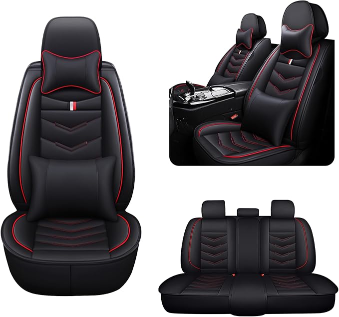 MVRVMV for Ford Explorer 2007-2026 Seat Covers, Waterproof Leather Seat Cover with 2* Neck Pillow and 2* Lumbar Support (5 Seat Luxury,Black-Red)