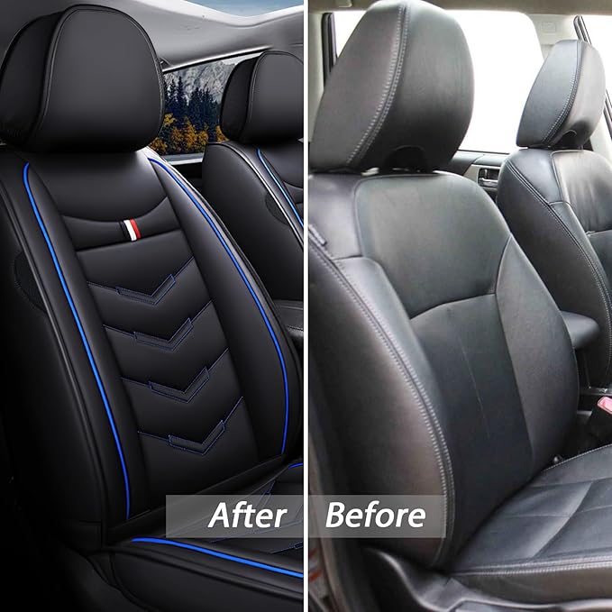 MVRVMV Seat Covers for Ford F-150 2010-2026, Waterproof Leather Auto Seat Cover (2 Seat Standard,Black-Blue)