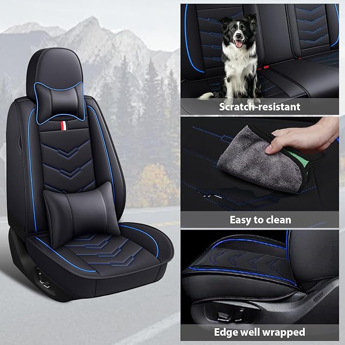 MVRVMV Seat Covers for Ford Bronco Sport 2021-2026, Waterproof Leather Auto Seat Cover with 2* Neck Pillow and 2* Lumbar Support (2 Seat Luxury,Black-Blue)