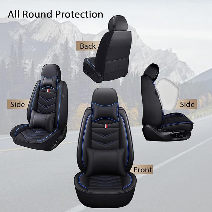 MVRVMV Seat Covers for Ford Bronco Sport 2021-2026, Waterproof Leather Auto Seat Cover with 2* Neck Pillow and 2* Lumbar Support (5 Seat Luxury,Black-Blue)