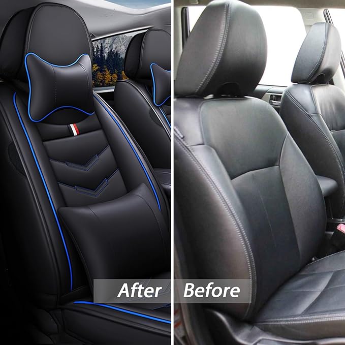 MVRVMV Seat Covers for Ford Maverick 2022-2026, Waterproof Leather Auto Seat Cover with 2* Neck Pillow and 2* Lumbar Support (5 Seat Luxury,Black-Blue)
