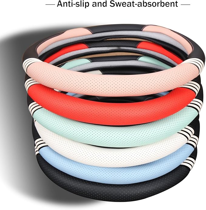 14 inch Cute Steering Wheel Cover for Women Men Faux Leather and Carbon Fiber,Black and Red