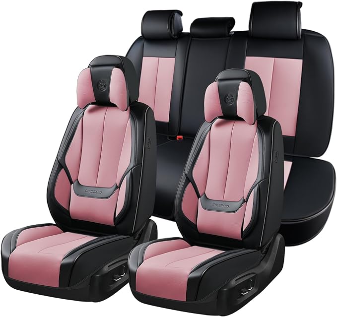 Coverado Universal Seat Covers Full Set, 5 Seats Universal Seat Covers for Cars, Waterproof Nappa Leather Car Seat Covers with Head Pillow, Auto Protectors Fit for Most Pick-up Truck, Black&Pink