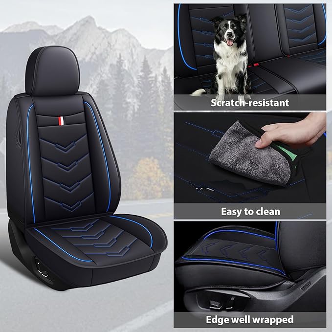 MVRVMV Seat Covers for Ford Bronco 2021-2026, Waterproof Leather Auto Seat Cover (5 Seat Standard,Black-Blue)