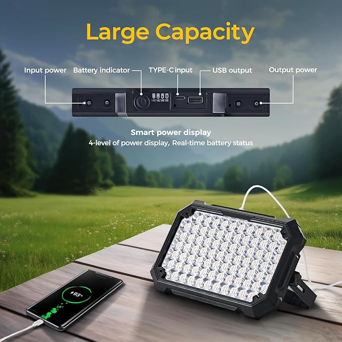 300W LED Solar Work Light Rechargeable, 8000LM LED Solar Camping Lantern, Portable Camping Lights, 4 Light Modes, IP67 Waterproof Tent Lights for Power Outages, Emergency, Hiking, Car Repair