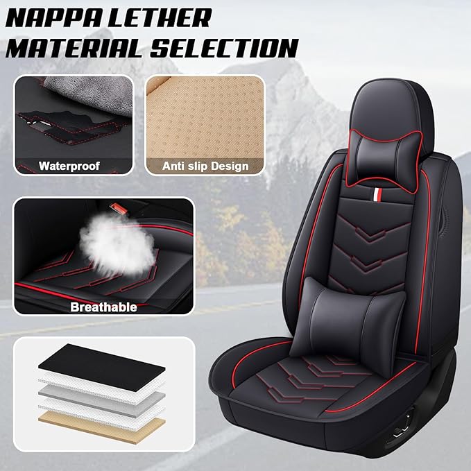 MVRVMV Luxury Car Seat Covers for Honda Pilot 2010-2026, Nappa Leather Auto Seat Cover with 2 Neck Pillows and 2 Lumbar Supports (5 Seat Luxury, Black-Red)