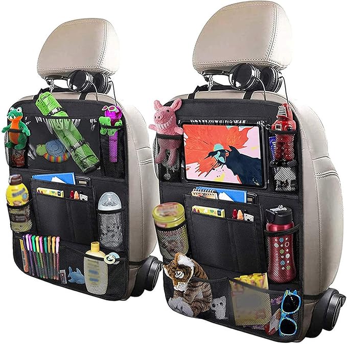 Aokdom 2PCS Car Seat Back Organizer,Extra Large Capacity Car Seat Organizer with 6 Mesh Pocket,2 Cup Holder & 4 Storage Bag,Road Trip Essentials for Kids & Adults