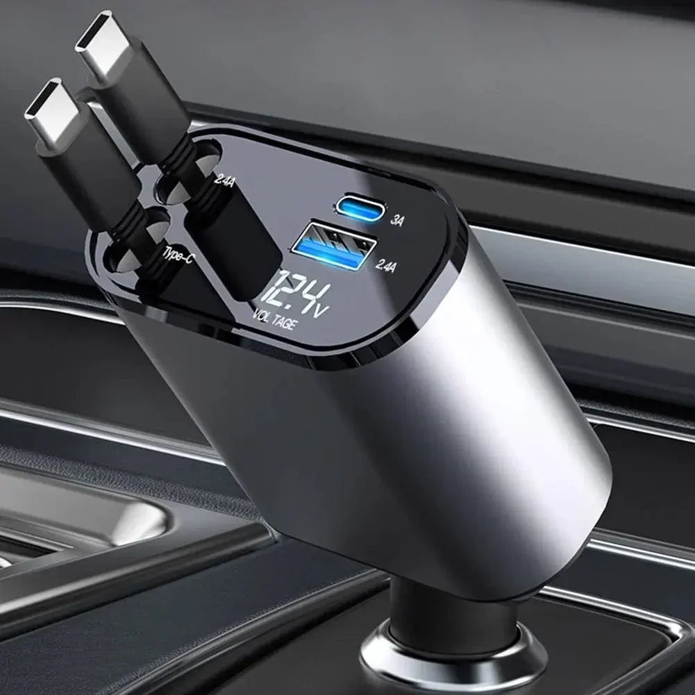 4-in-1 Retractable Super-Fast Car Charger, USB Type C Cable for iPhone & Samsung