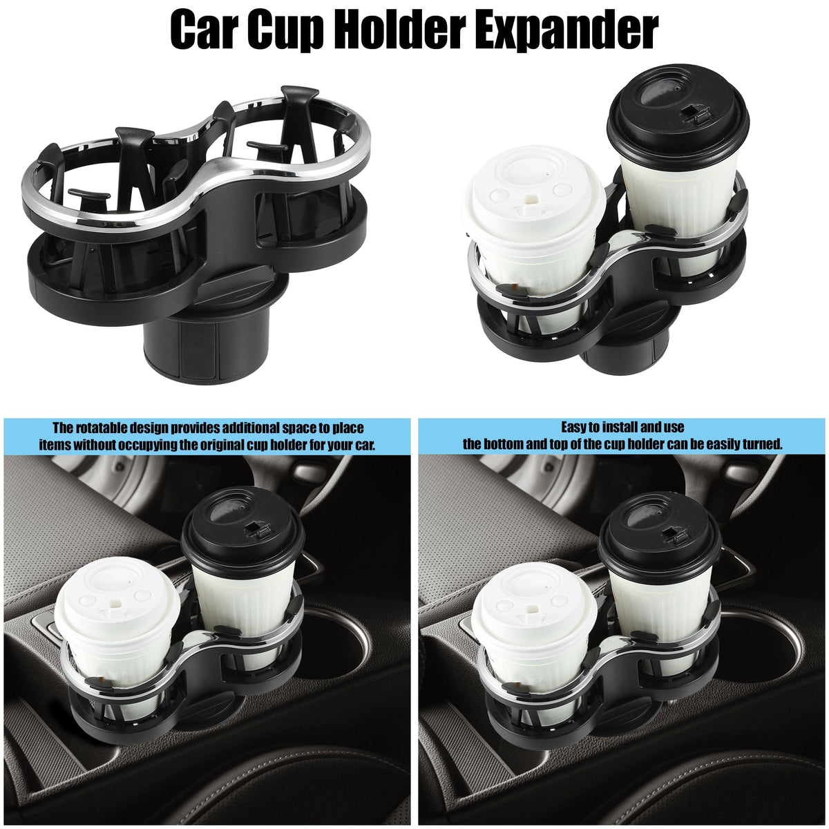 2-in-1 Multifunction Car Cup Holder Expander with Adjustable Base Black